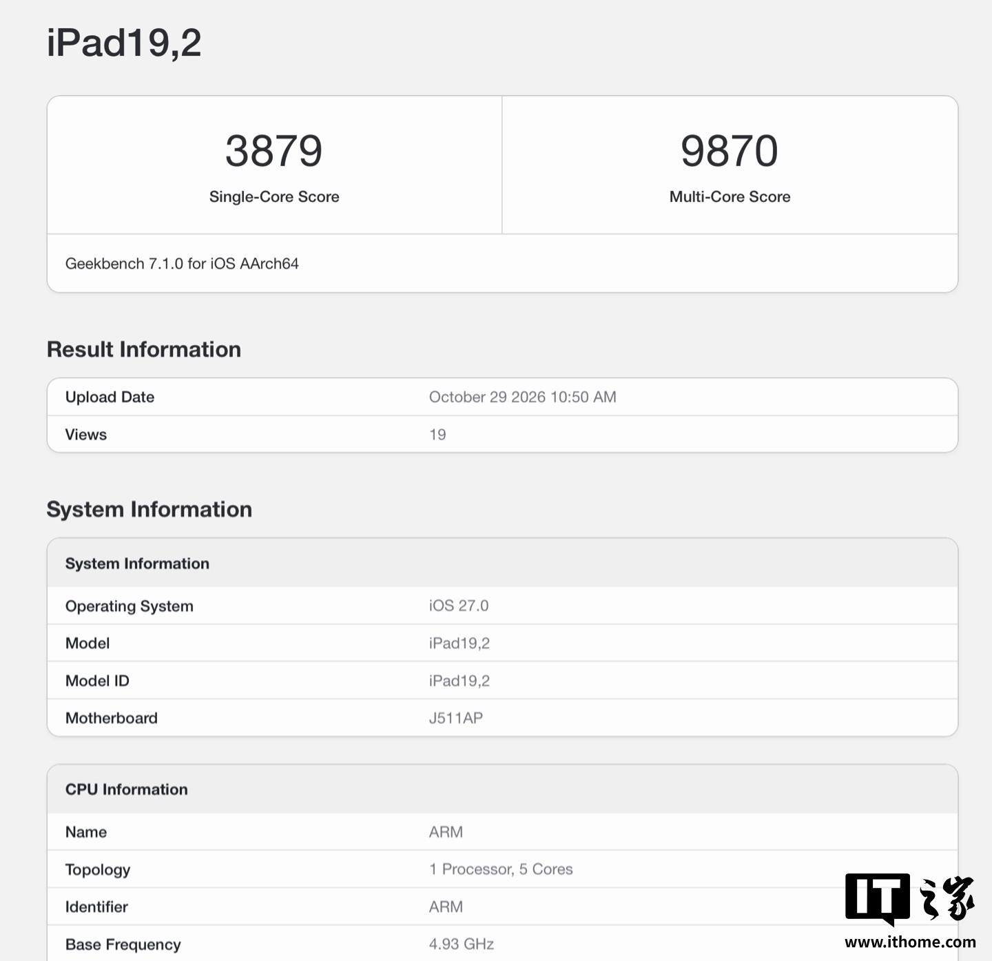 苹果 iPad mini(A20 Pro)Geekbench 7 跑分曝光,搭载 12GB 内存