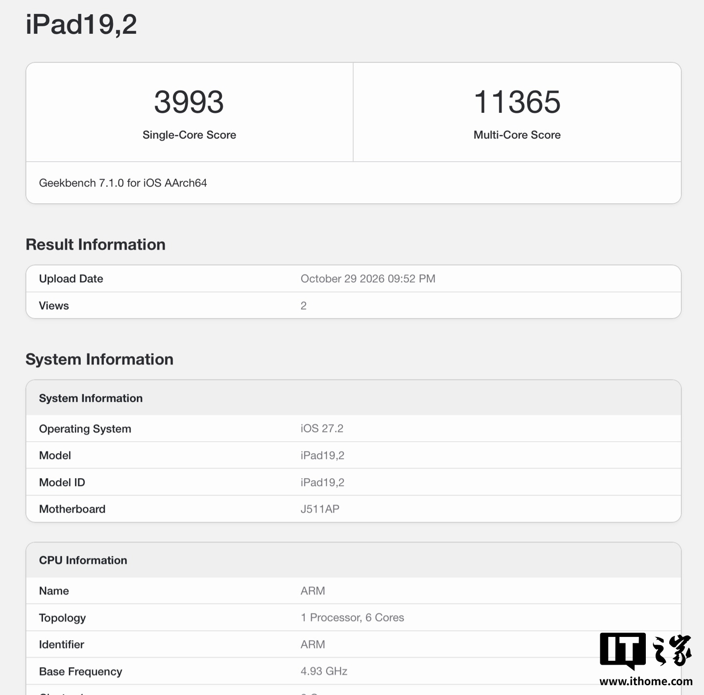 苹果 iPad mini(A20 Pro)Geekbench 7 跑分曝光,搭载 12GB 内存